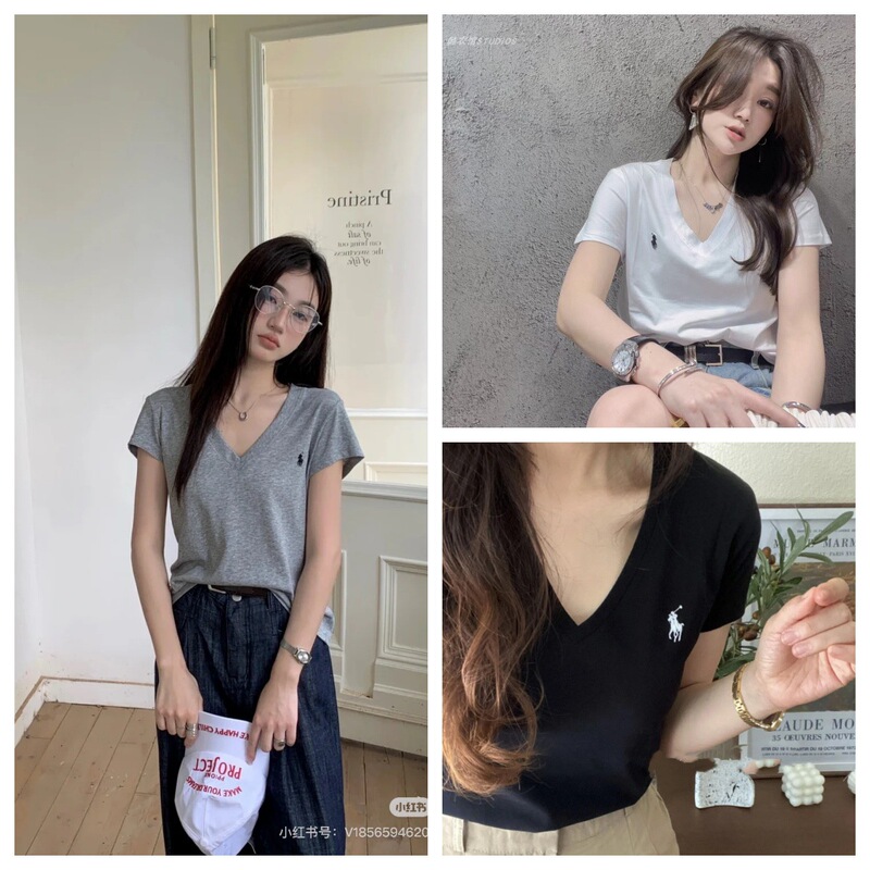 Can Scan the Qr Code for Live Broadcast ~Rl In-Stock Pony Logo Embroidery V-Neck Short-Sleeve Casual Versatile Slimming Support Dropshipping
