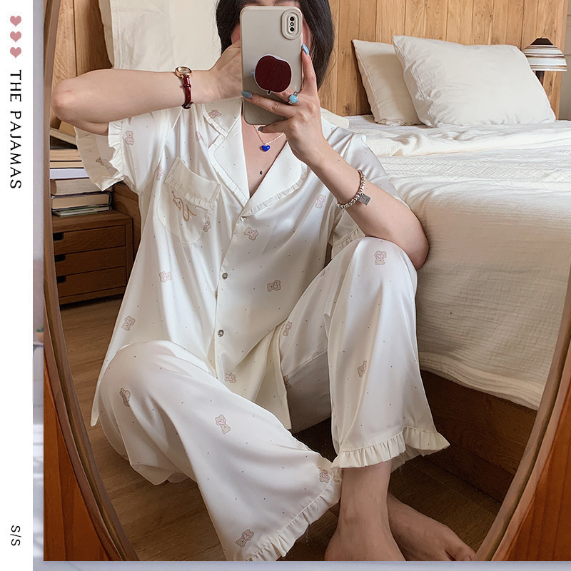 2026 New Pajamas for Women, Summer Ice Silk Short-Sleeved Pants Set, Korean Style Fresh Cartoon Print Home Wear