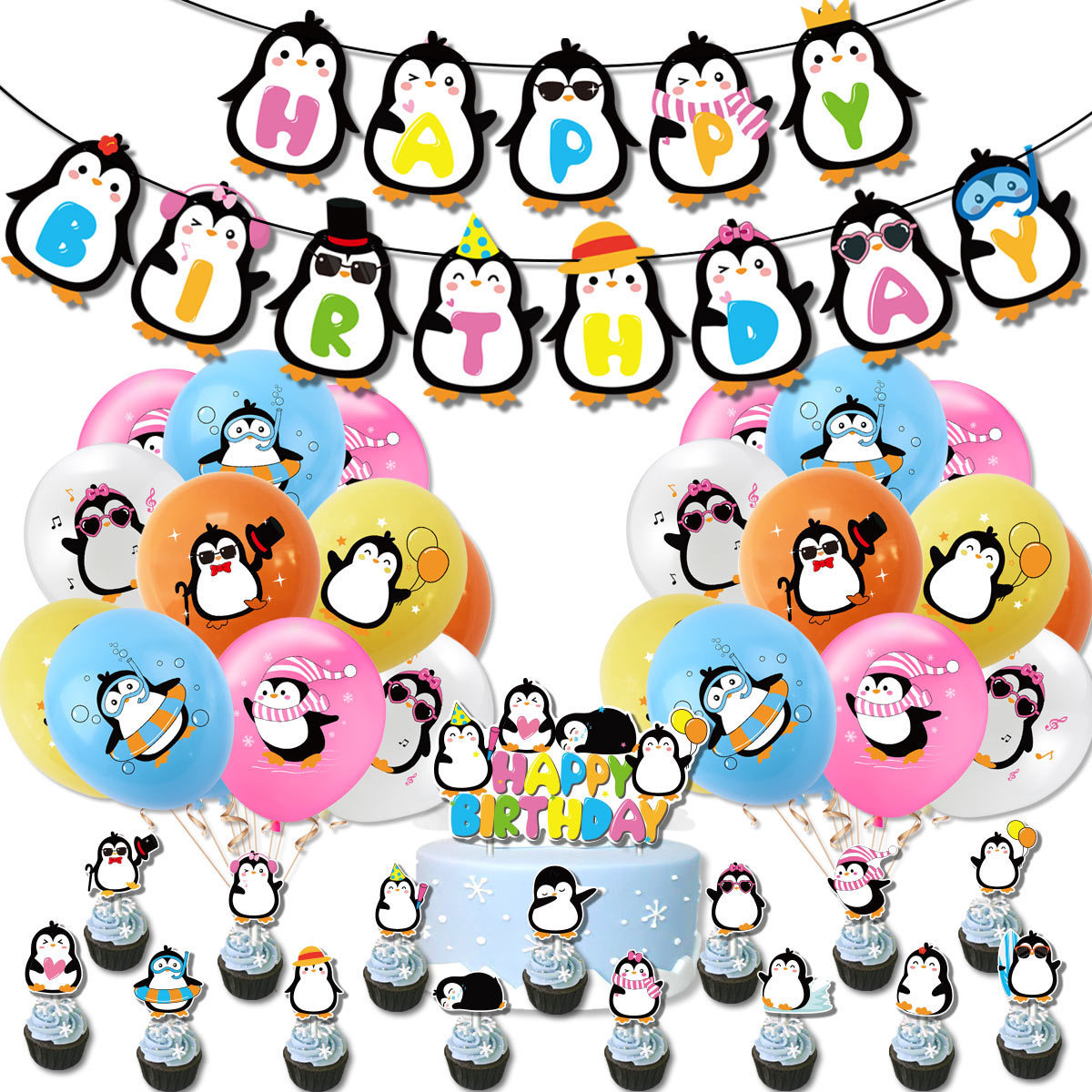 Penguin theme party decorations, penguin flags, cake inserts and balloon sets, children's birthday party supplies