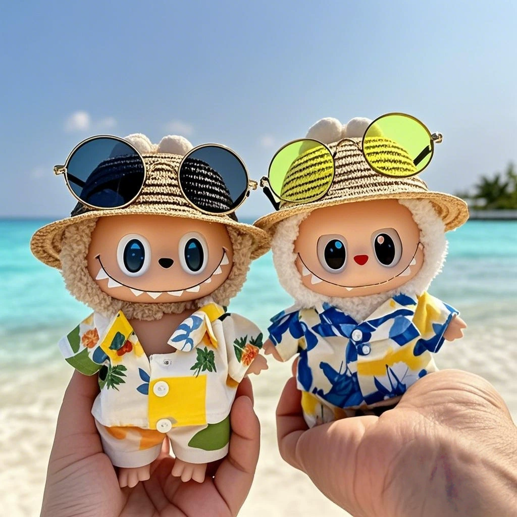 17 см виниловая кукла Labubu macaron, открывающая летние каникулы, вырезанная соломенная шляпа, тканая шляпа, солнцезащитные очки, аксессуары