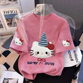 新款纯棉短袖女童夏季可爱中大童百搭t恤扎染渐变女孩上衣