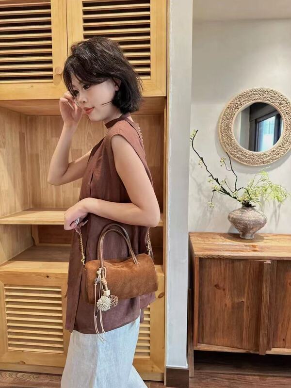 磨砂真皮吐司包保龄球包包女时尚精致手拎包麂皮绒斜挎包纯色小包|undefined