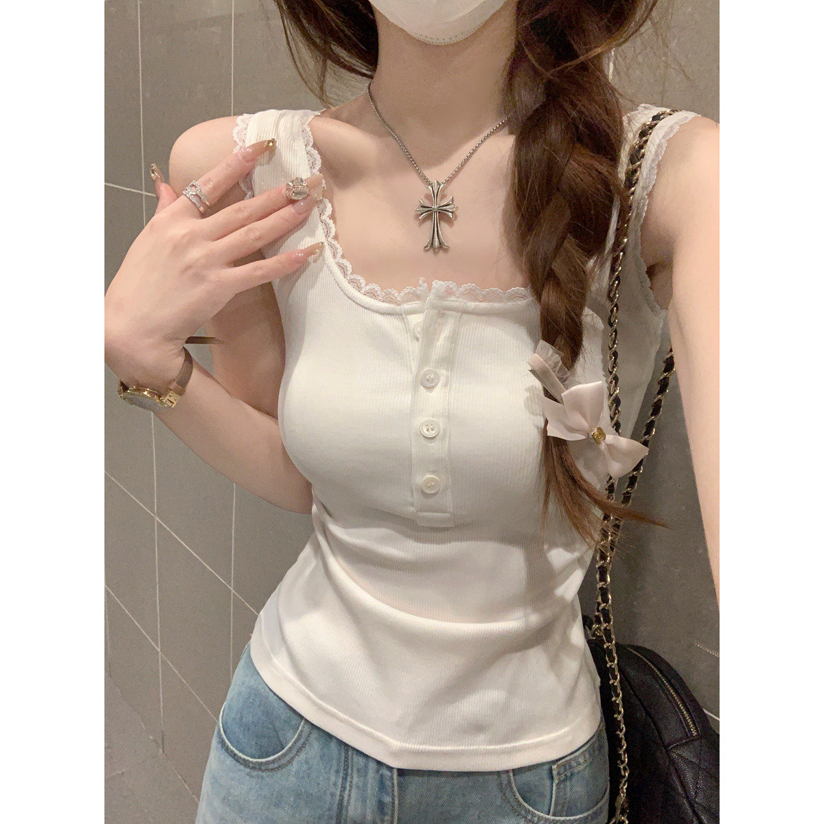 Korean-style Square Collar Lace-trimmed Sling Women's Outer Wear Spring and Summer Slim-fit Inner Base Top with Breast Cover Button Vest