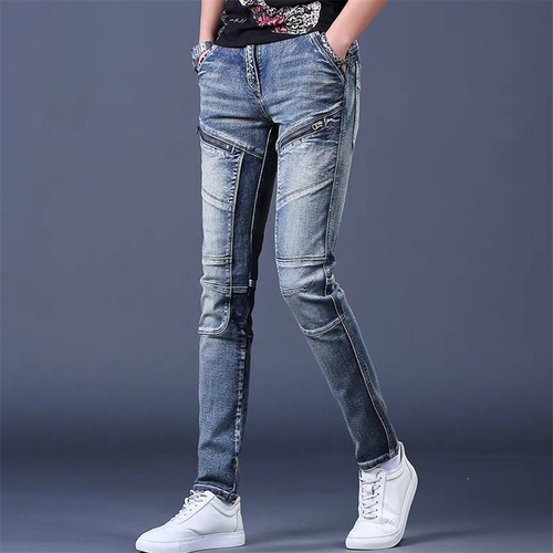 Men's Denim Jeans: Spring & Autumn Trendy, Versatile, Slim-Fit, Streetwear-Style Washed Vintage Trousers with Skinny Fit and Biker Details