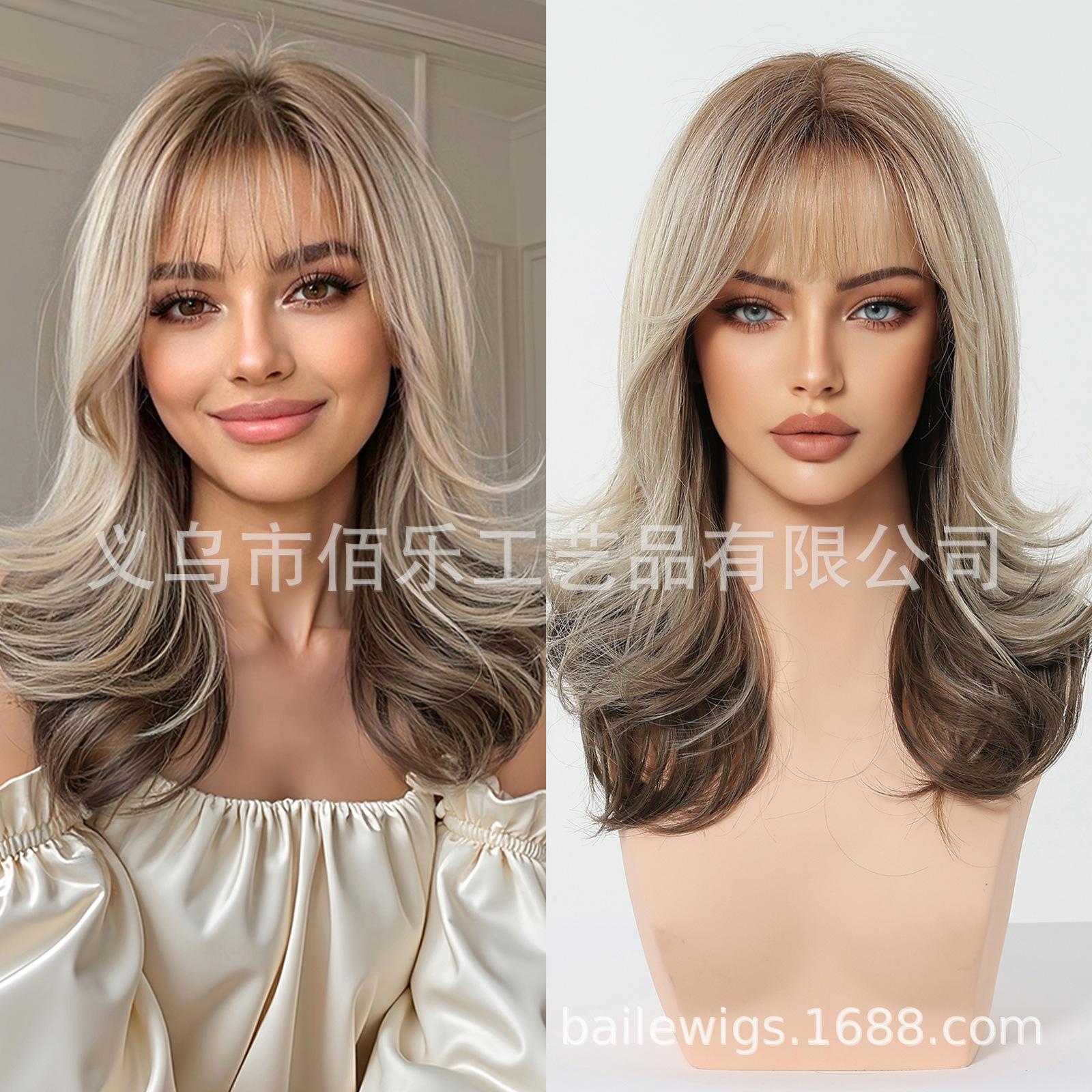 Peluca transfronteriza, flequillo roto, marrón claro, degradado, cabello largo y rizado, cubierta de cabeza completa, fibra química, hair femenino, lugar europeo y americano image 1