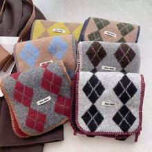 含羊毛韩系格子围巾女高级感菱形冬季氛围感加厚保暖护颈围脖披肩