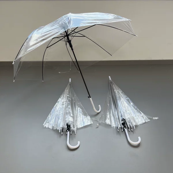 Transparent Disposable Umbrellas Wholesale, Manual Plastic Small White Umbrellas with 8 Ribs, White Logo Printing, Long Handle Transparent Umbrellas