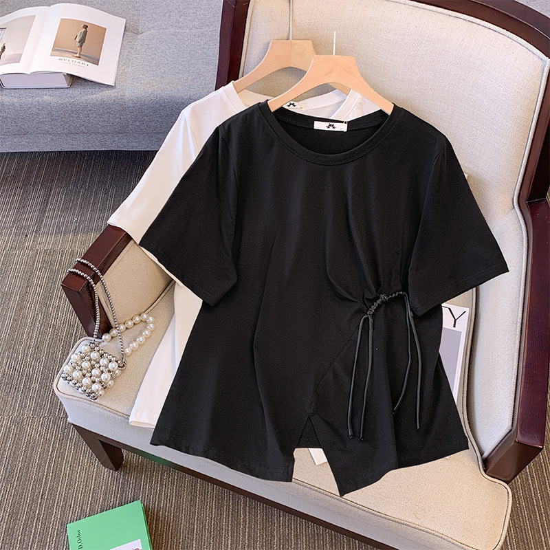 65-175kg Plus Size Women's Clothing Fat mm New Chinoiserie National Style Asymmetrical Slit Short-Sleeved T-Shirt Summer New Style