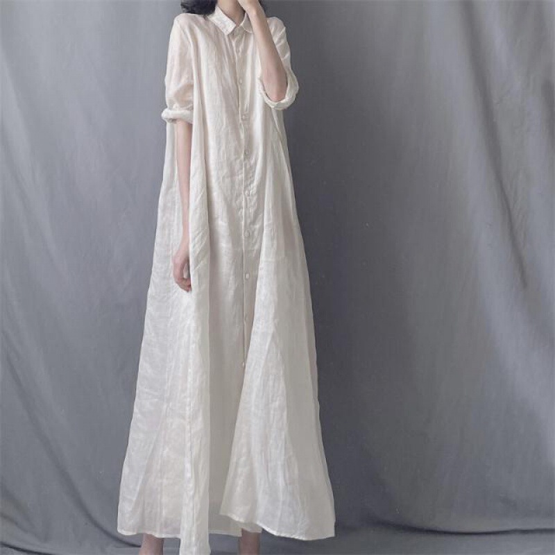 Artistic Loose Cotton Linen Long Shirt Women's Autumn Skirt Women's Lapel Loose Elegant Long Dress for dress Women Artistic Loose Cotton Linen Long Shirt Women's Autumn Skirt Women's Lapel Loose Elegant Long Dress for dress Women