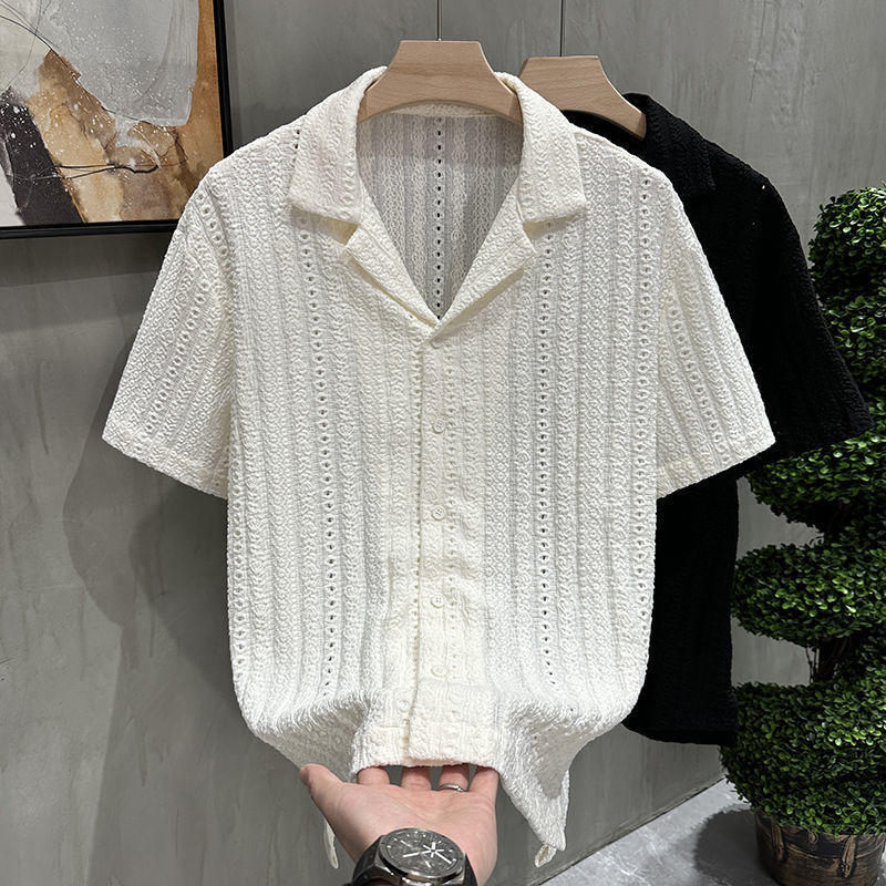 白色镂空短袖衬衫男夏季南美复古冰丝凉感古巴领衬衣cleanfit半袖|undefined