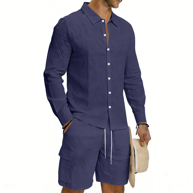 Summer Men's Linen Long Sleeved Shirt Casual Loose Fit Style With Multi Pockets Cargo Shorts Set_viptrois.com