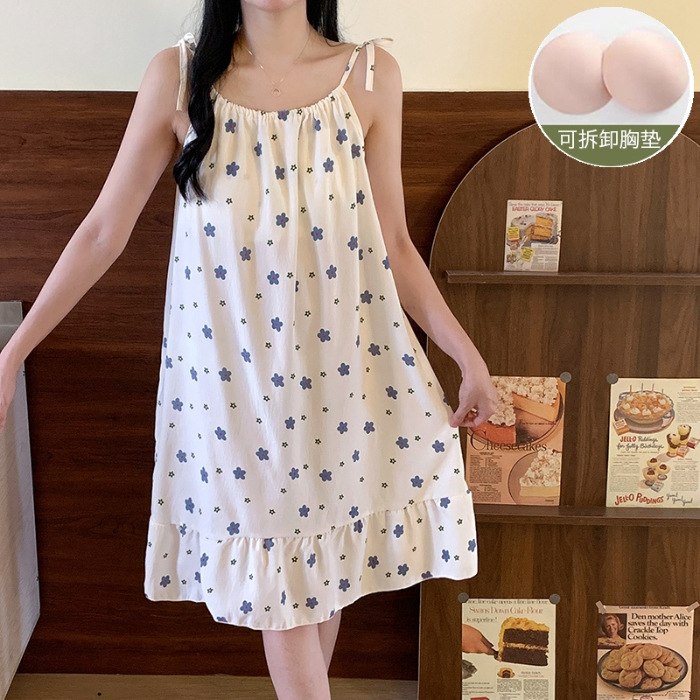 2025 nuevo pijama de flores azules de verano mujer nube de algodón esling dulce lindo pijama ropa de hogar se puede usar fuera