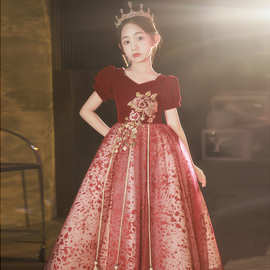 红色女童礼服时尚主持人小花童婚礼公主裙钢琴表演奏演出儿童礼服