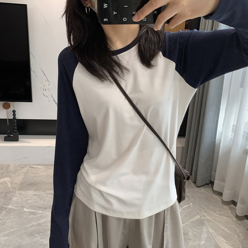 High-quality, thick Tencel wool blend with contrasting color raglan sleeves, slim-fit, autumn long-sleeve T-shirt for women, versatile base layer