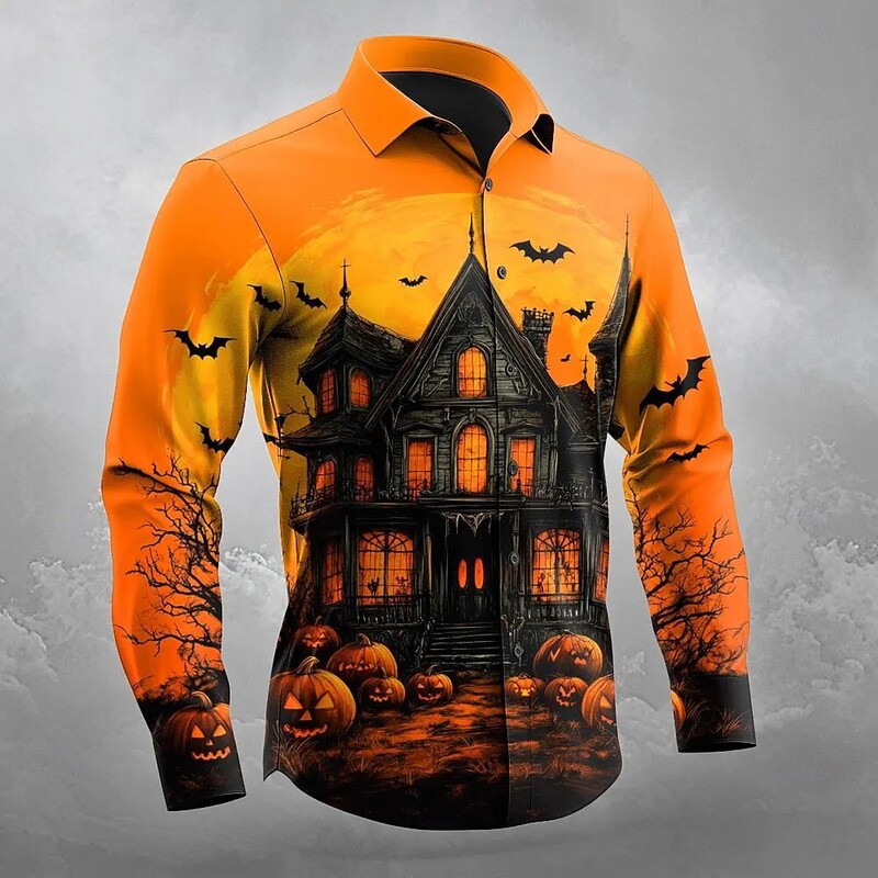 Halloween Men's Shirt Cross-Border European and American Pumpkin Holiday Dress Shirt Amazon 3D Printed Casual Shirt for Men