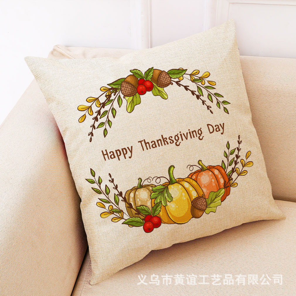 跨境专供感恩节秋季印花抱枕套南瓜车沙发靠垫套厂家批发来图定制