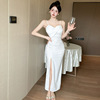 Sexy suspender low cut waist high slit wrap buttocks dress long skirt