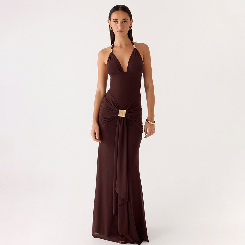 Amazon Cross-Border Women 's 2026 verano nuevo profundo V cuello de pecho bajo cintura correa mochila vestido de cadera