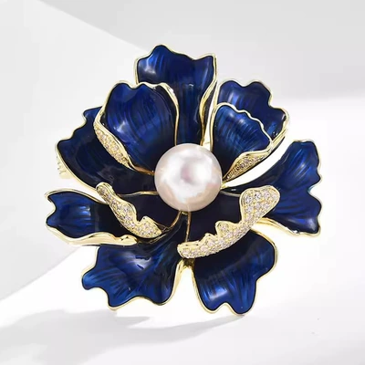 Blue Enamel Peony Flower Diamond Brooch Vintage Niche Advanced Design Sense Corsage Exquisite Pin Suit Accessories (Yaxa sancaqları) - blue-muzhu-brooch