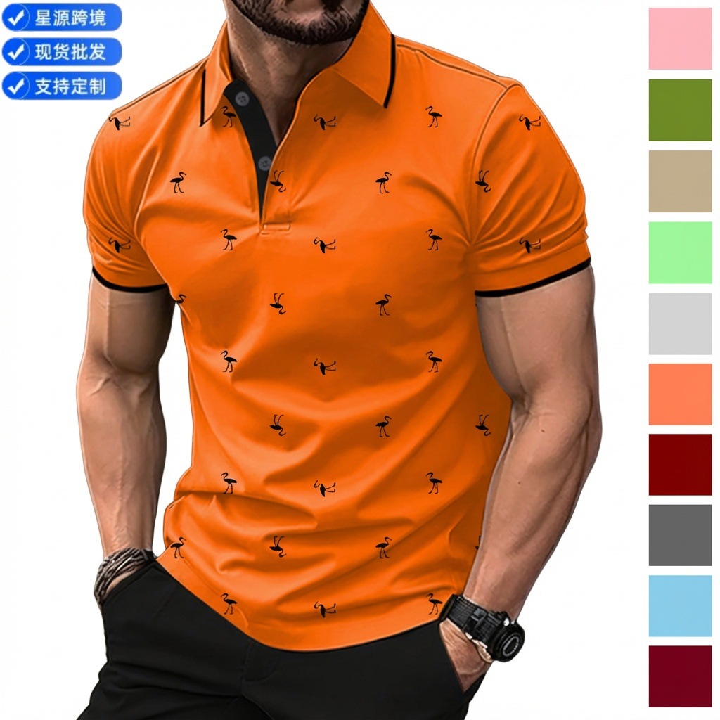 Cross-border New European and American Men's Lel Polo Flamingo Short-sleeved Shirt Fashion Personalized Printed Street Short-sleeved Top