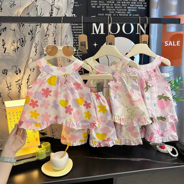New Style Super Cute Summer Girls' Trendy Children's Clothing Two-Piece Set with Lace Stylish Vest and Shorts, Cool and Lightweight Outfit