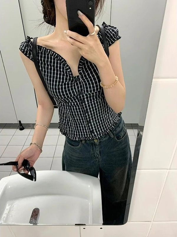 ホットガールスタイル黒チェック柄ウエスト痩身半袖シャツ女性の新しい夏の bm スリムショートトップクロスボーダー卸売|undefined