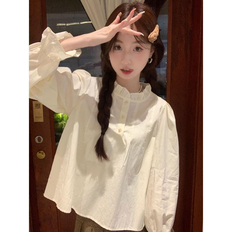 立领白色衬衫女长袖秋季2025新款宽松衬衣甜美小众法式上衣条纹|undefined