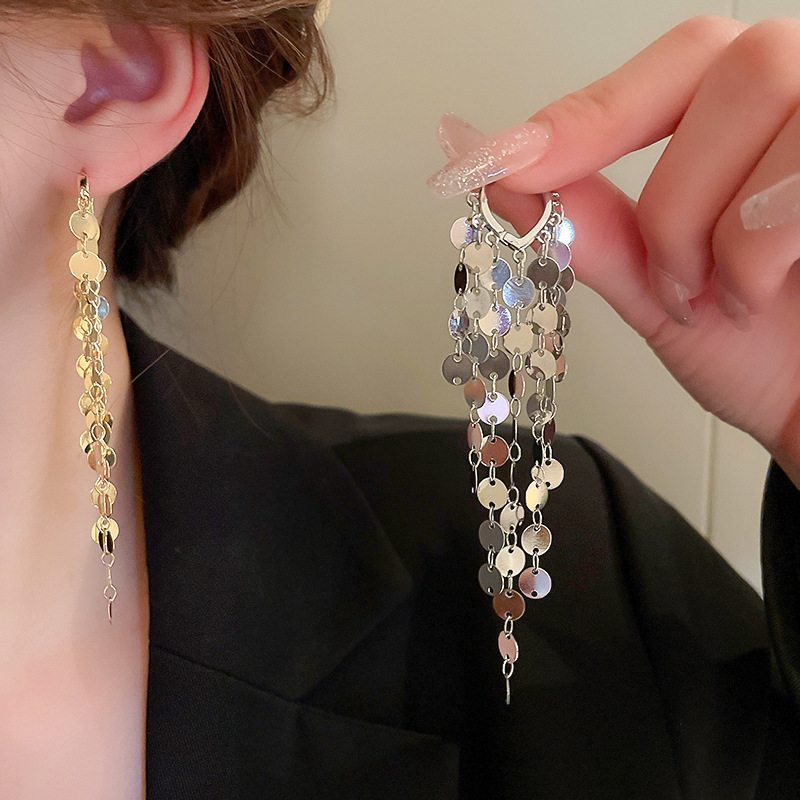 Long Face-Slimming Sequin Tassel Earrings 2025 New Trendy Light Luxury Earrings Niche High-End Exaggerated Ear Cuffs