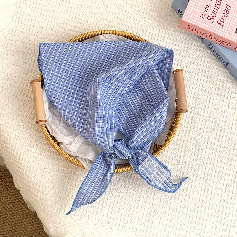 Bufanda de seda, atmósfera coreana, pañuelo a rayas a cuadros, cinturón para el cabello, decoración para el cabello, bufanda pequeña, bufanda triangular de algodón y lino, cintura