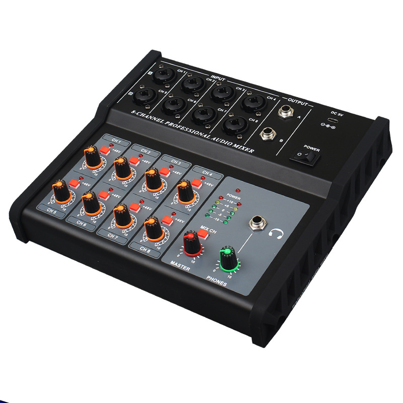 Mezclador de audio pequeño de 8 vías mezclador de instrumentos musicales estante de tambor micrófono de 8 entradas y 2 salidas de micrófono de 48V