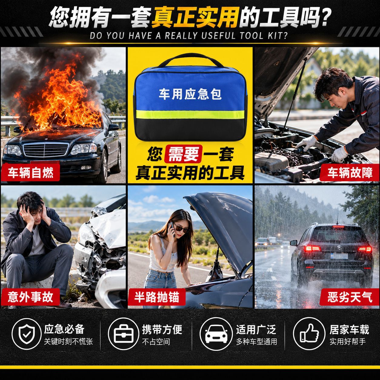 Car emergency kit set, annual inspection kit, in-car safety kit, and vehicle rescue tool kit for road trips – all customizable