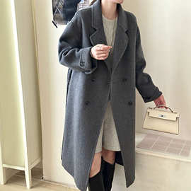 西装领落肩袖收腰系带长袖加长款双面尼羊毛大衣毛呢外套女秋冬
