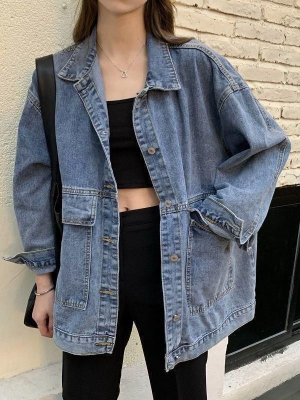 Abrigo de mezclilla para estudiantes mujeres primavera y otoño estilo coreano nuevo abrigo suelto BF versátil Bolsillo grande medio-longitud ropa de trabajo superior