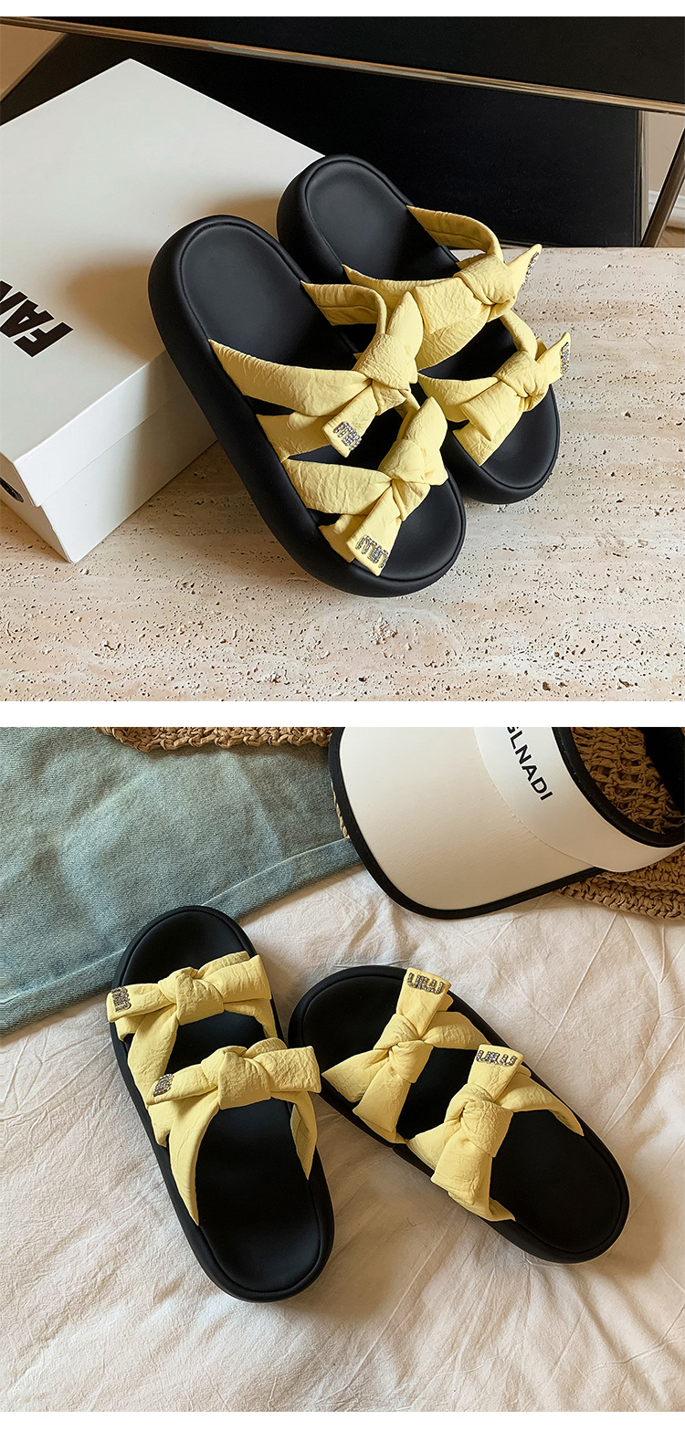 Dép sandal nữ quai chữ V đế dày nơ bướm phong cách bánh mì mềm mại — Màu trắng be, Màu vàng chi tiết 11