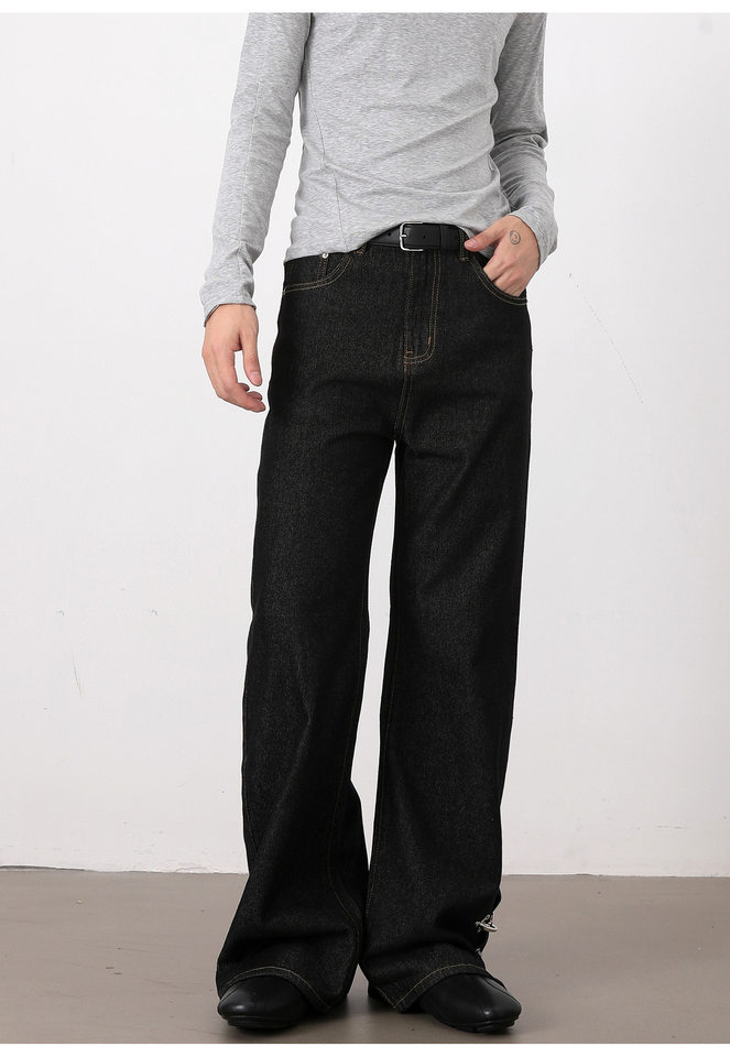 Quần jeans nam ống loe nhẹ denim thô đen, cạp vừa, dáng cơ bản, dài quần — Denim đen chi tiết 20