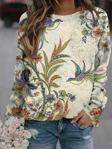 Autumn new 3D flower-and-bird printed urban casual round-collar pullover shoulder sweater