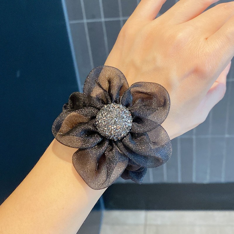 F-006 블랙 라인스톤 플라워 머리끈