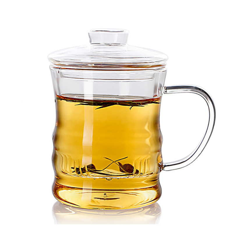 Vidrio de borosilicato taza de bambú de tres piezas de vidrio transparente con filtro de tapa de té perfumado taza de té taza de jugo