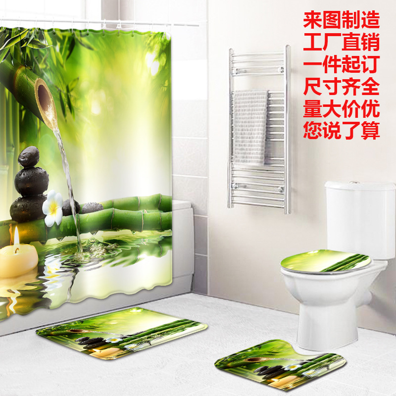 Factory Wholesale Digital Printing Waterproof Shower Curtain Bathroom Floor Mat Living Room Carpet Cross-Border Wish Amazon Supplier