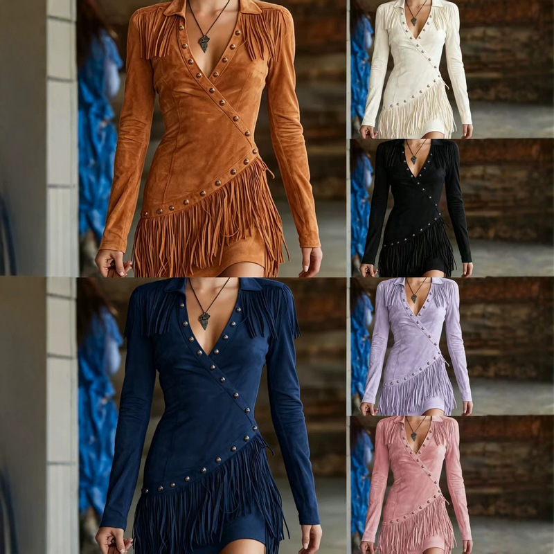 Summer New Cross-Border Western Style Tassel Dress for Women, Faux Suede Rivet Slim Fit Bodycon Long Sleeve Short Dress