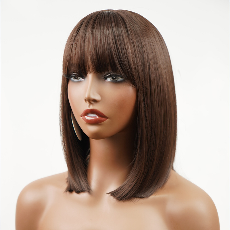 Wholesale European and American cross-border chemical fiber wigs high temperature silk bangs mechanism middle parting chestnut brown bob wigs_voghion.com