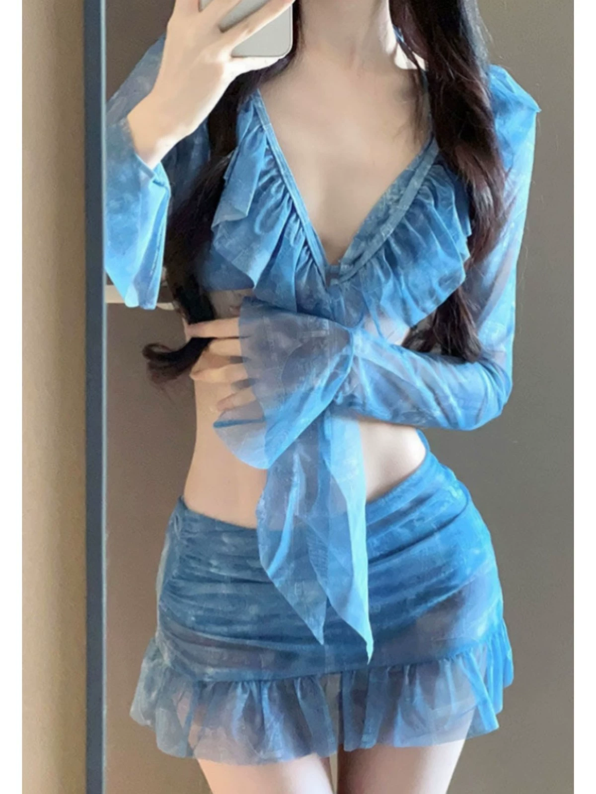 Купальник, разделённый пляжный комплект, sexy длинный рукав, интернет-звезда, комплект из 4 предметов, солнцезащита