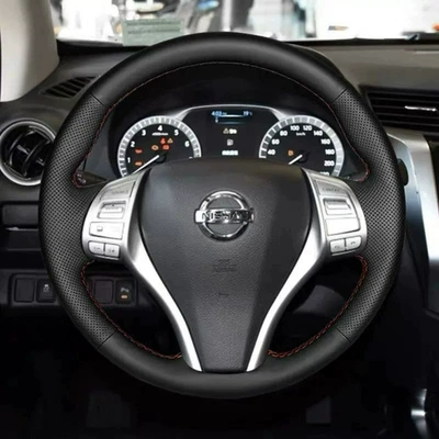 Hand-Stitched Steering Wheel Cover Suitable for Nissan Terra Navara 18-20 Models Tiida Leather Cover Sewing Modification (Steering wheel cover) - nissan-series-perforated-sides-black-leather-hand-stitched-with-black-thread-38cm