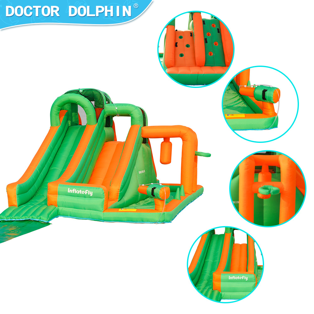 Dr. Dolphin Home Spray Doble tobogán Castillo inflable Parque de atracciones para niños Trampolín pequeño para jugar con el agua Fuerte inflable antideslizante