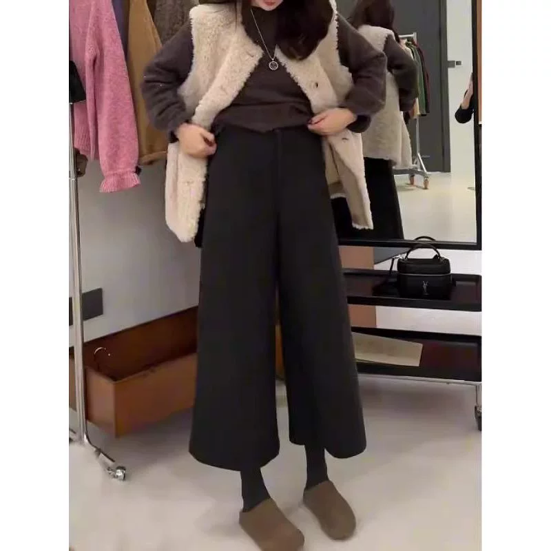 Черно-серые повседневные брюки из утолщенной шерсти для женщин, осень и зима, большие размеры, миниатюрные, с высокой талией, свободные, прямые, укороченные широкие брюки.