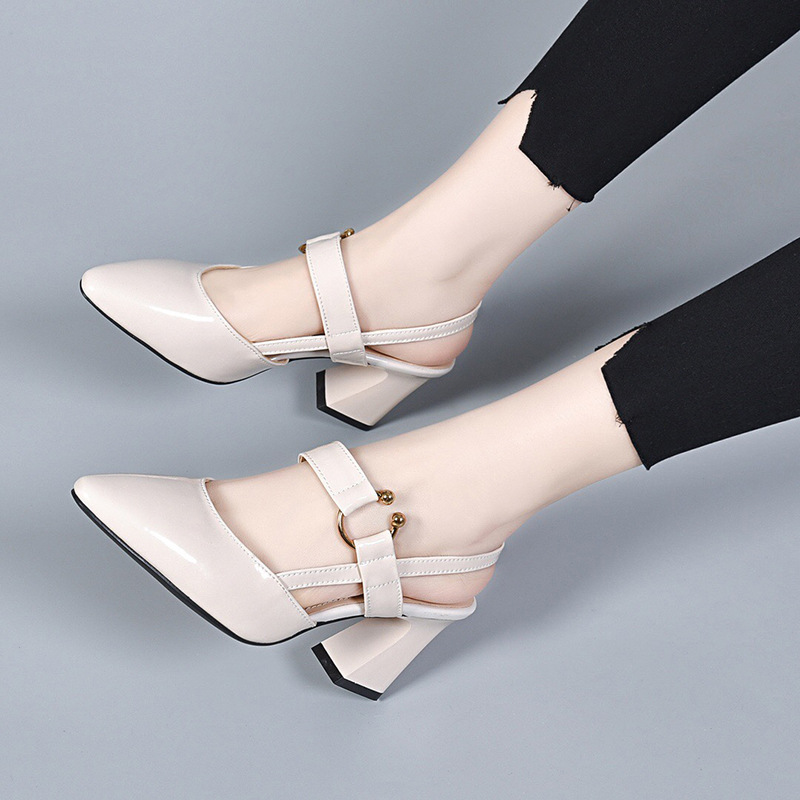 Giày cao gót nữ mũi nhọn da sáng chế, gót 7 cm, phong cách tiên nữ — Màu be cao gót 7 cm