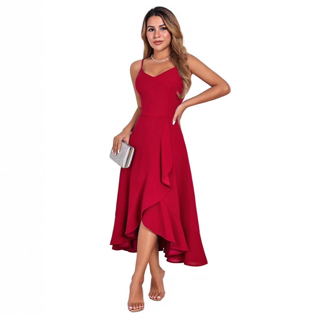 2025 European and American New Style Suspender Cocktail Party Slim Dress Prom Wedding Bridesmaid Ruffled Sexy Dress