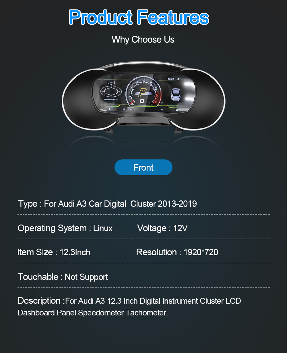Suitable for Audi A3 Lcd Instrument Panel 12.3inch Linux System Global Digital Fuel Gauge Car Dashboard