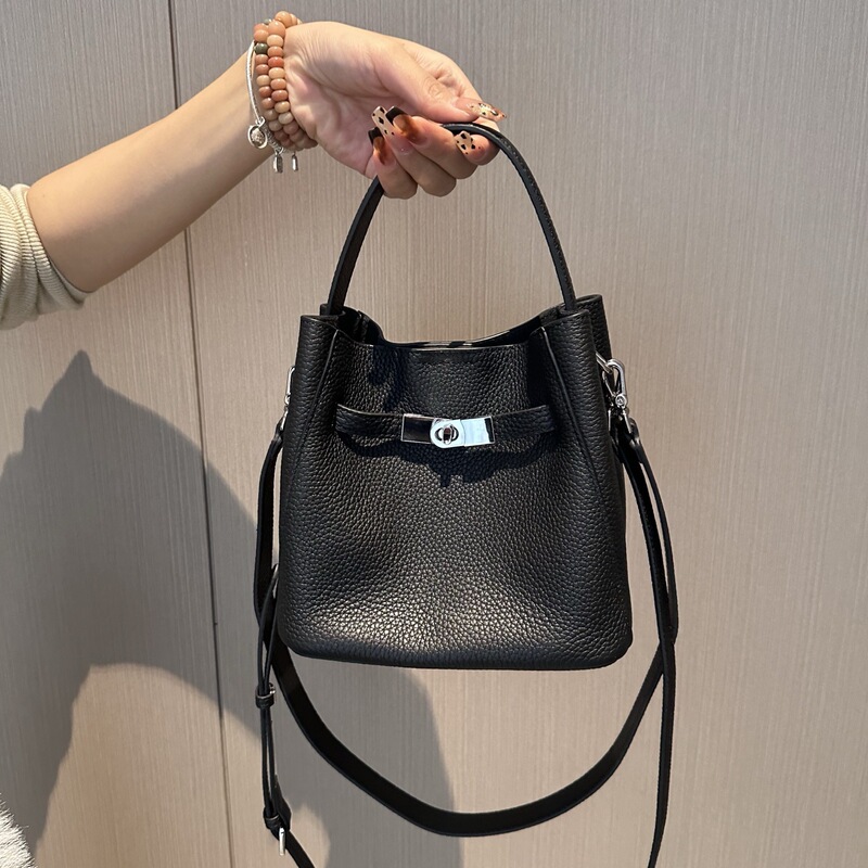 Simple Leather Bucket Bag with Lychee Pattern, Small Tote Bag for Women, 2026 New Style, Market Basket Bag, Shoulder and Crossbody Bag