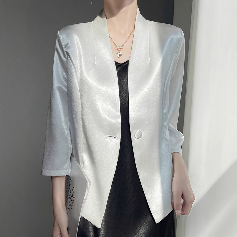 White Acetic Acid Satin Suit Jacket Women's 2025 Summer Thin High-end Elegant Short Top Small Suit White Acetic Acid Satin Suit Jacket Women's 2025 Summer Thin High-end Elegant Short Top Small Suit